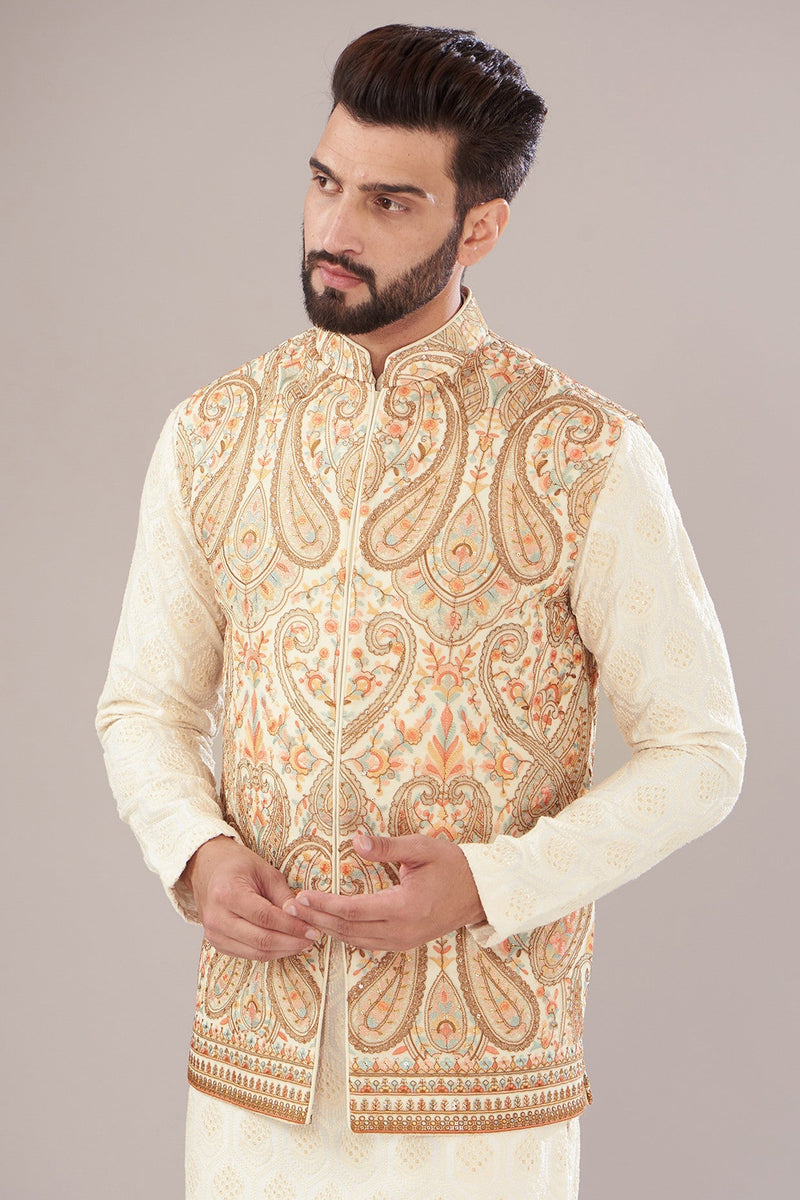 Ivory Georgette Embroidered Nehru Jacket - kasbahmen