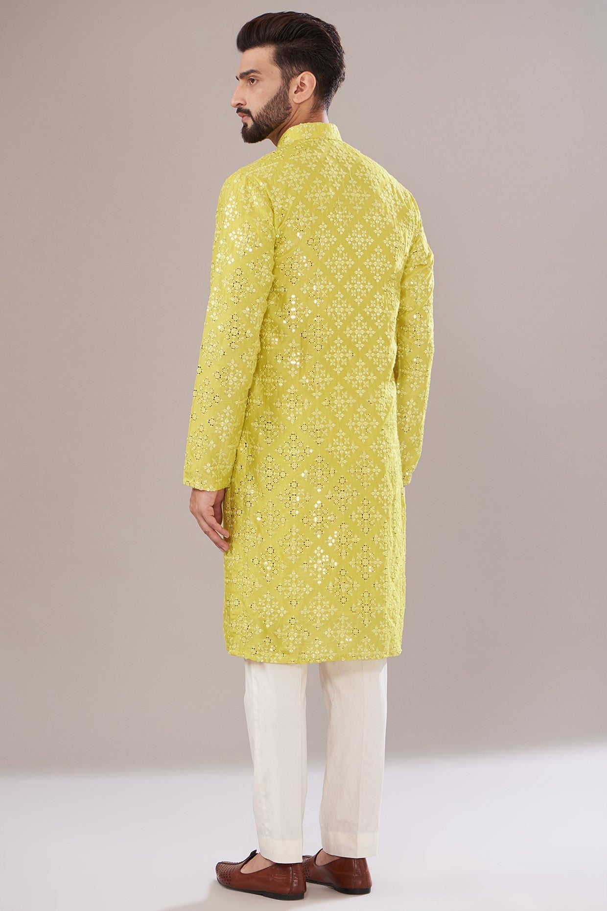 Neon Yellow Silk Embroidered Kurta - kasbahmen