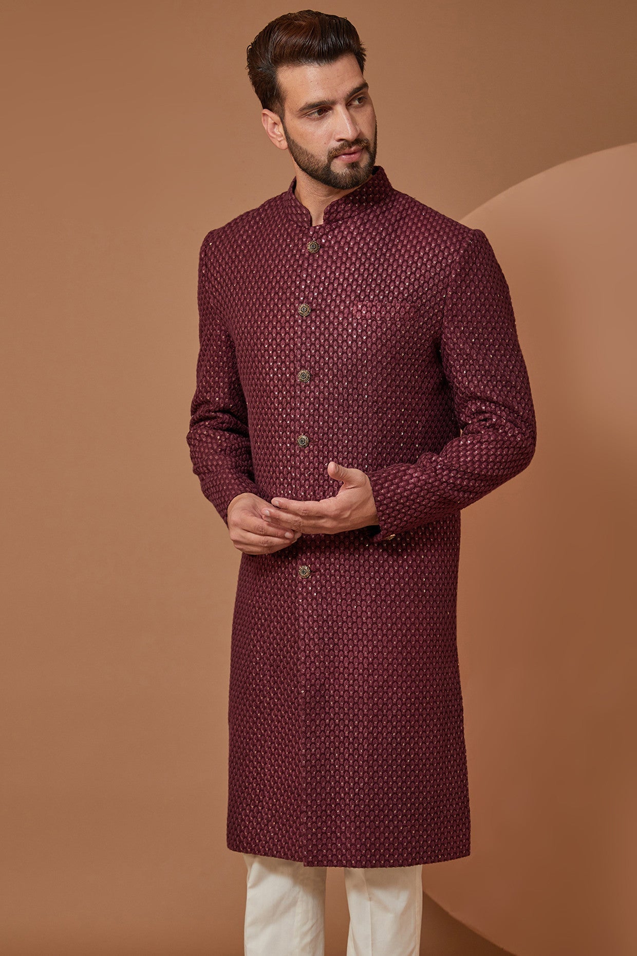 Maroon Wine Threadwork Sherwani - kasbahmen