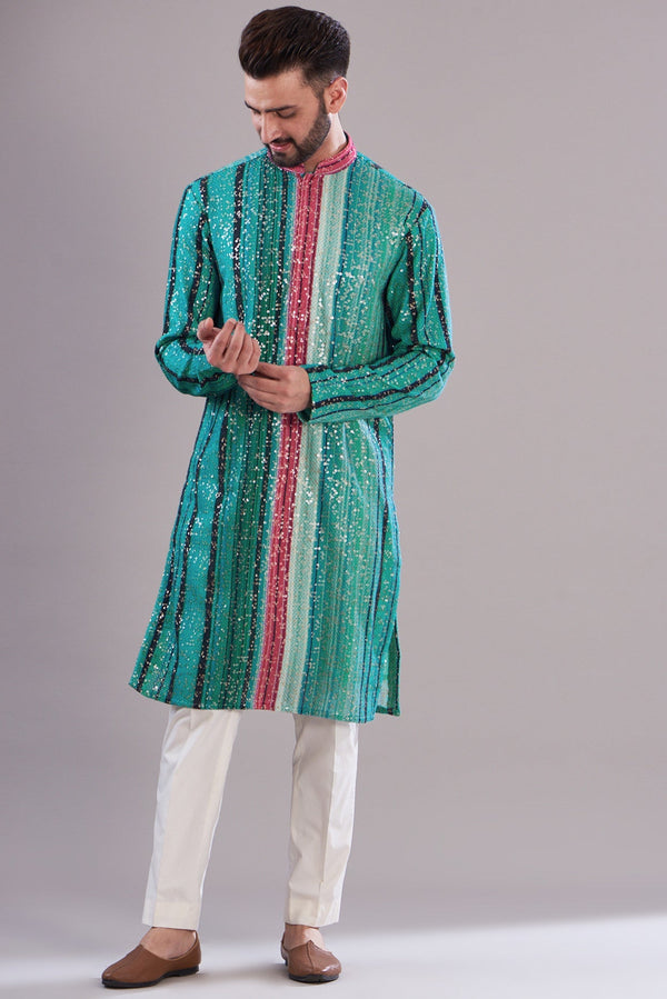 Blue-pink-sequenced kurta - kasbahmen