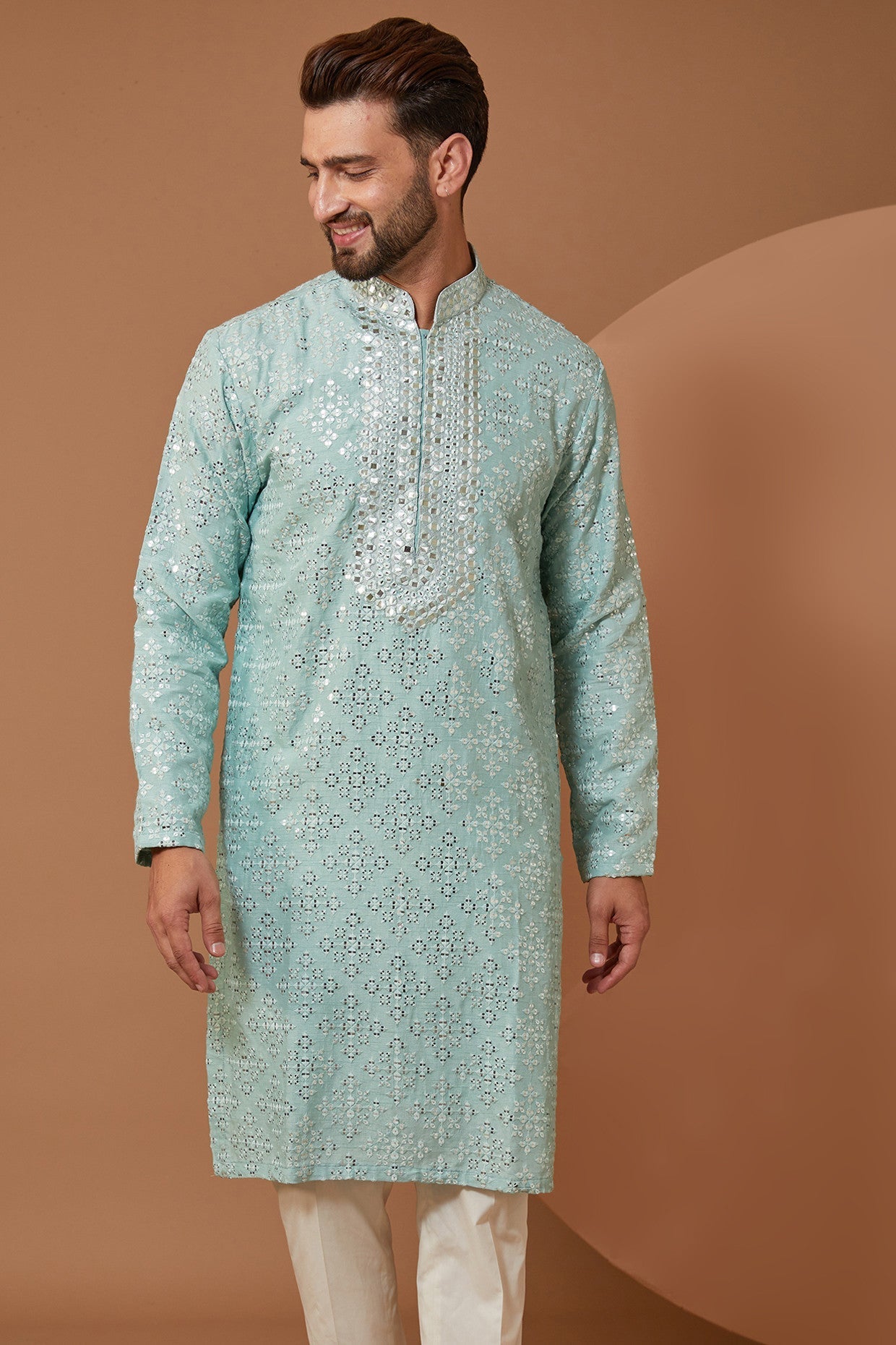 Ice Blue Mirrorwork Kurta - kasbahmen