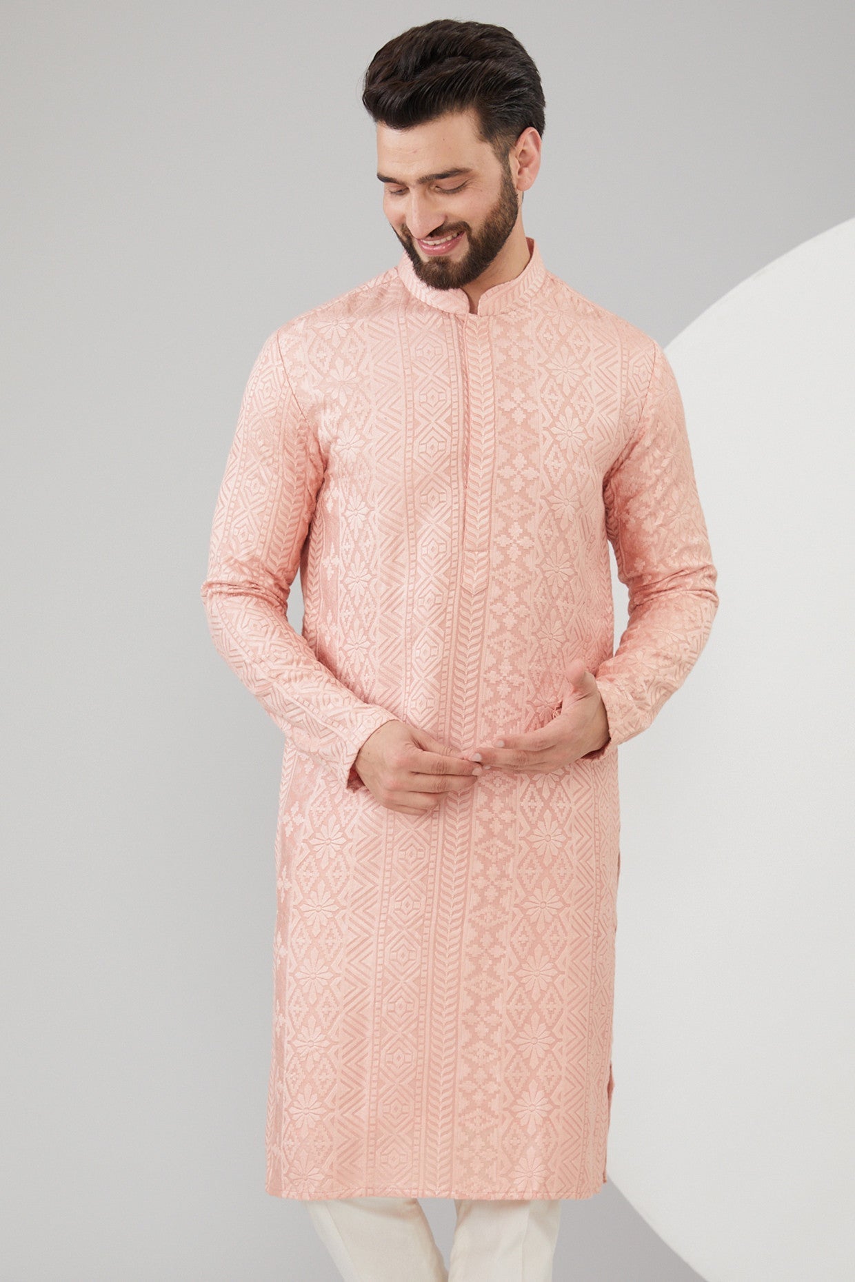 Peach Silk Thread Work Chikankari Kurta - kasbahmen