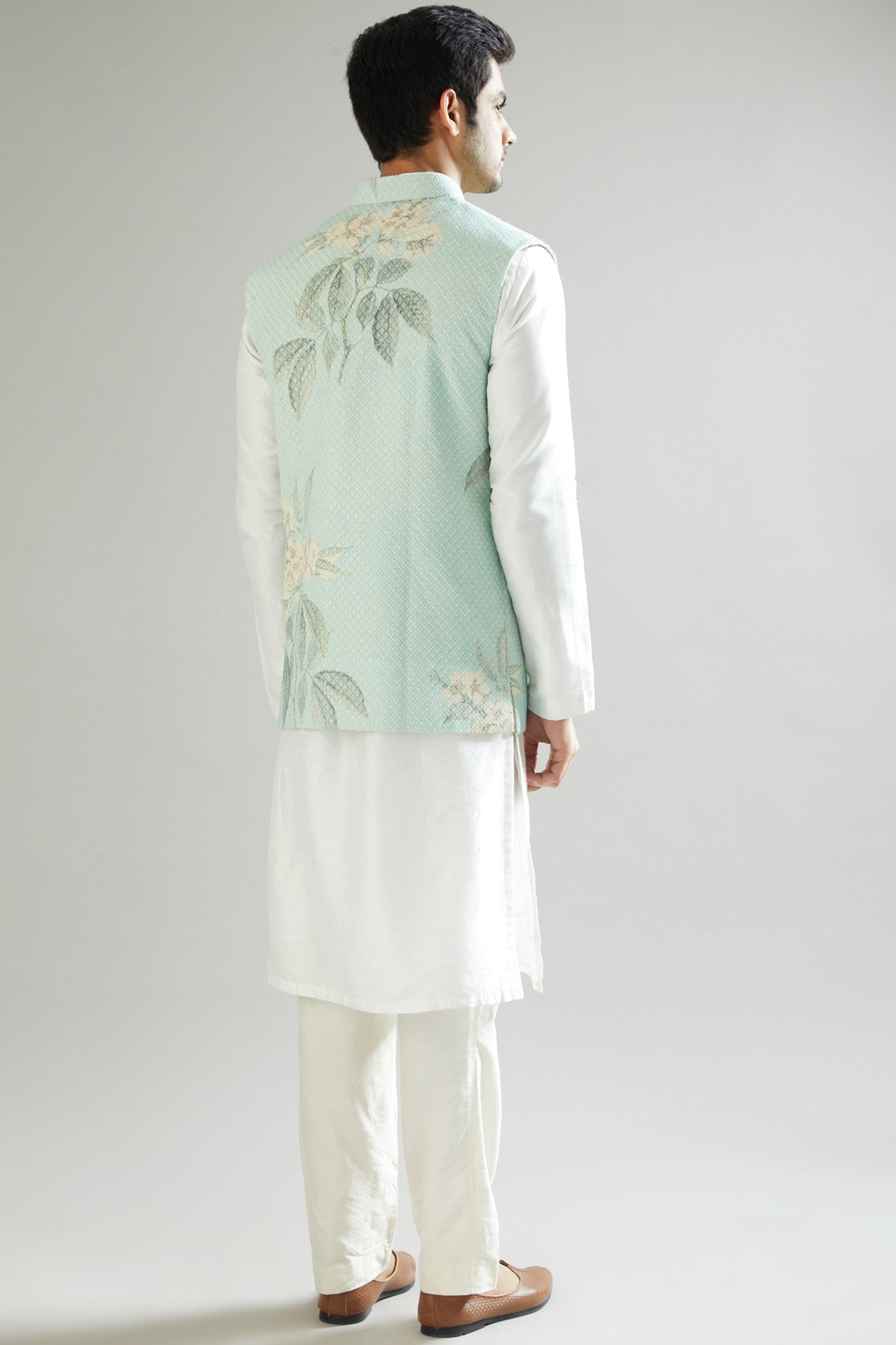 Ice Blue Embroidered Nehru Jacket - kasbahmen