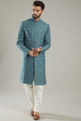 Cobalt Blue Embroidered Sherwani - kasbahmen