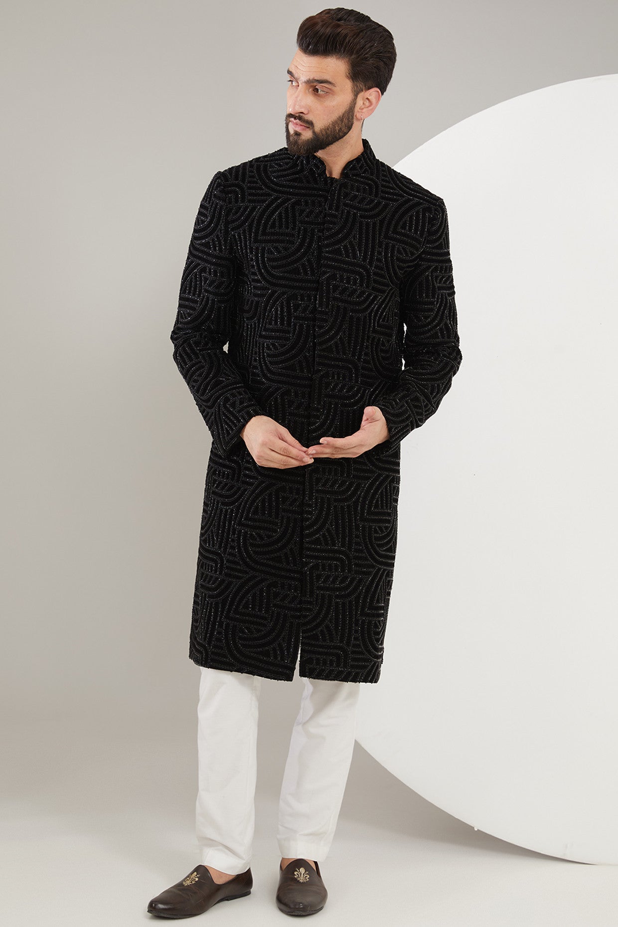 Black on Black Geometrically embroidered Sherwani - kasbahmen