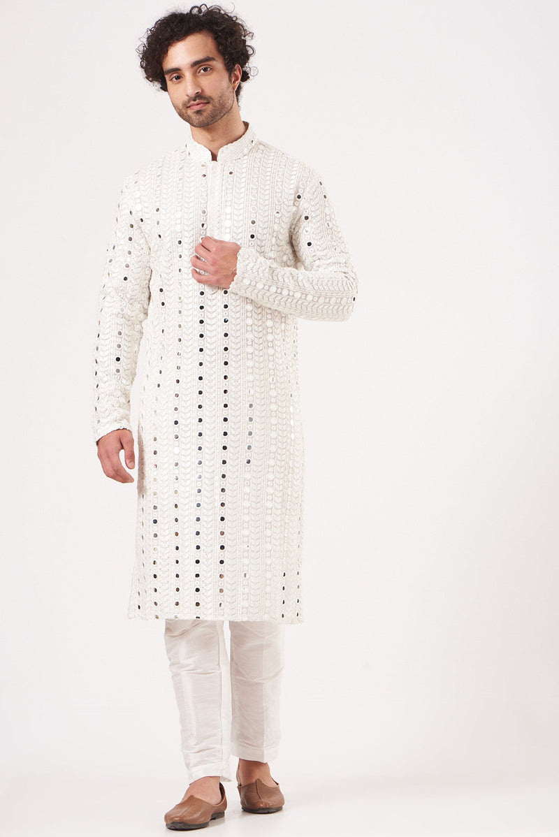 White Mirror Embroidered Kurta - kasbahmen