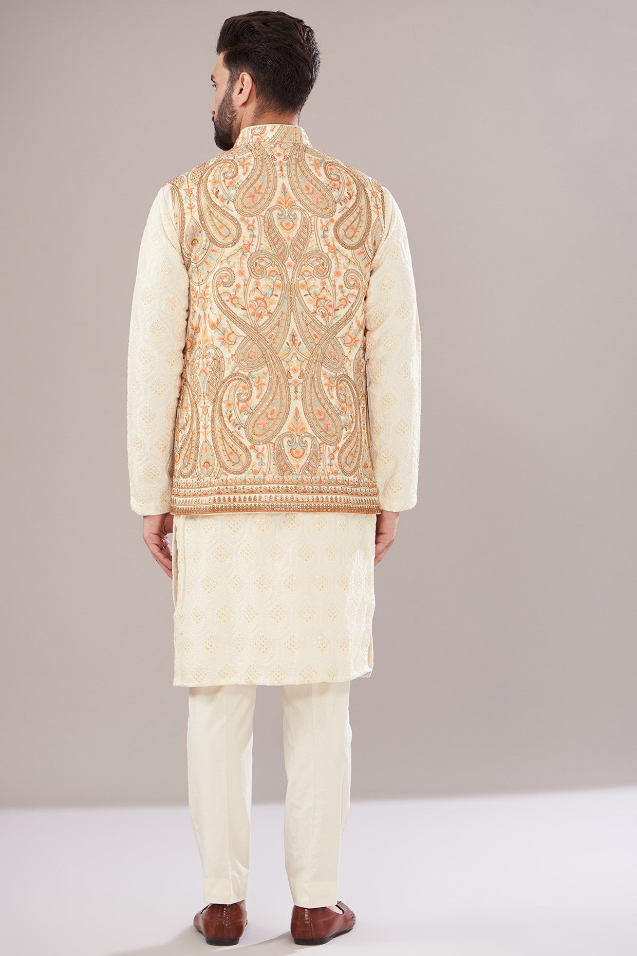 Ivory Georgette Embroidered Nehru Jacket - kasbahmen