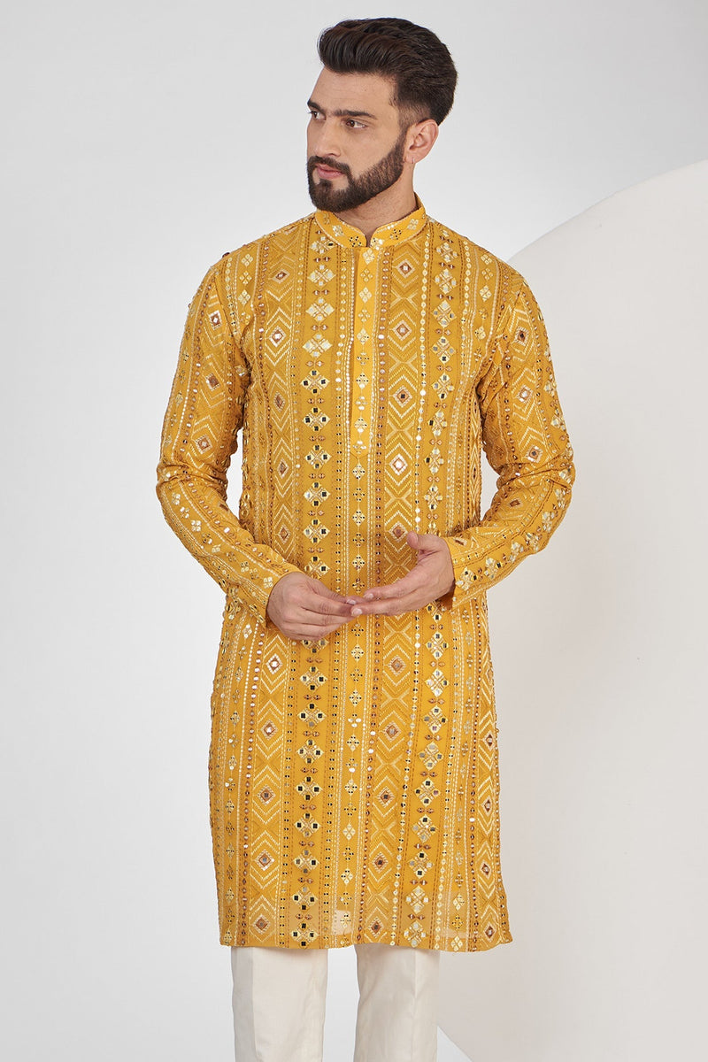 Mustard Mirror-work Kurta - kasbahmen