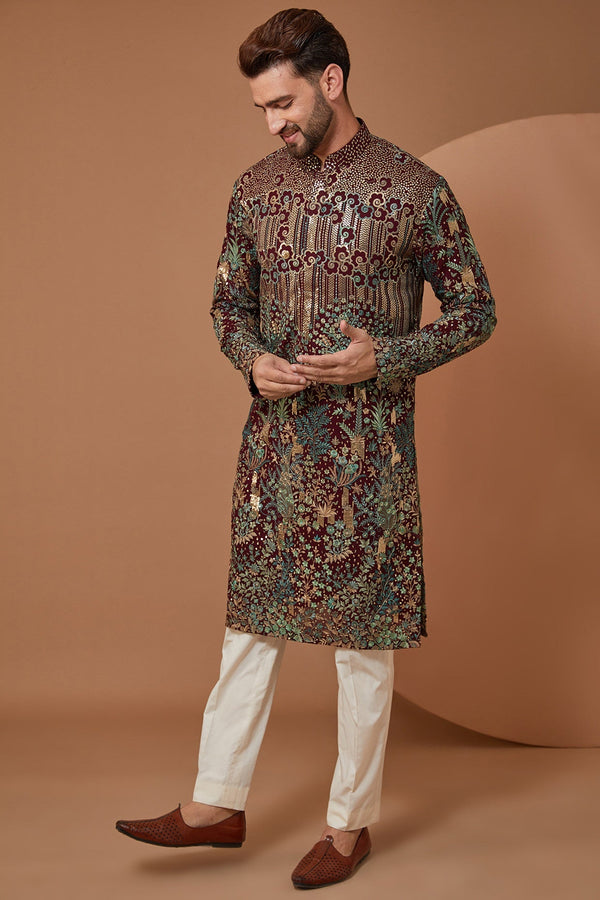 Intricately Crafted Black Floral Kurta with Green and Gold Threadwork