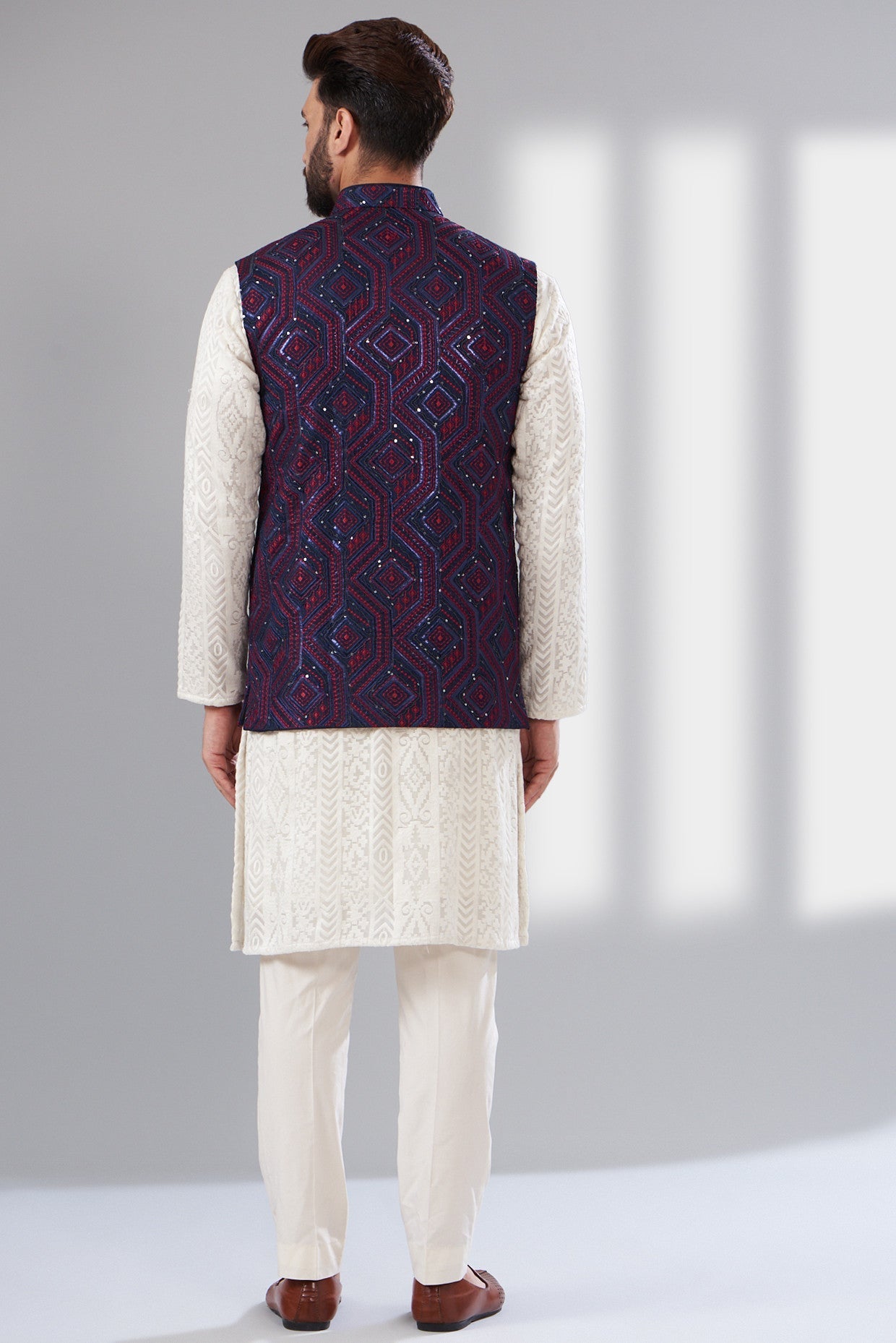 Navy blue thread work nehru jacket - kasbahmen