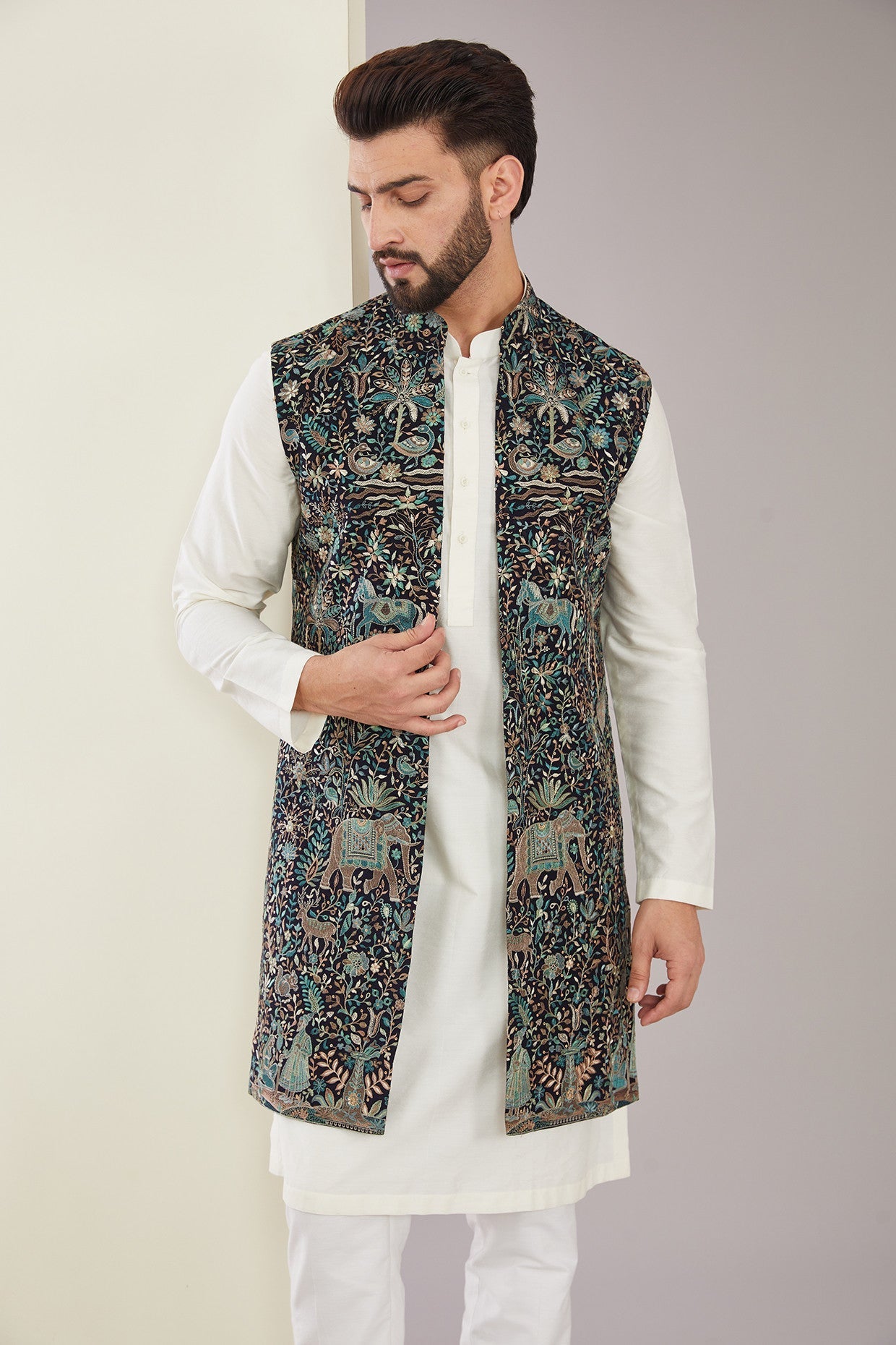 Kashmiri Embroidered Long Open Shrug - kasbahmen