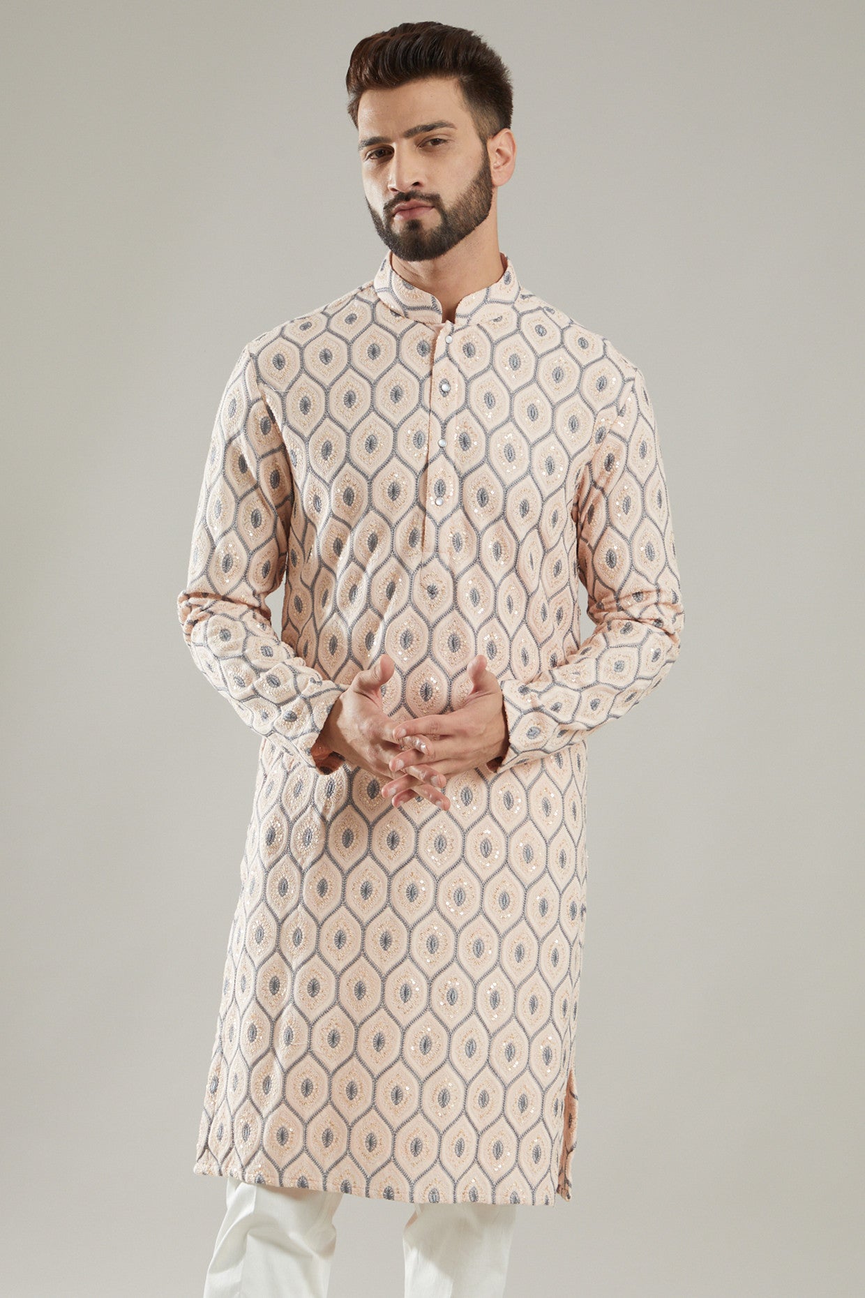 Light Pink Silk Embroidered Kurta - kasbahmen