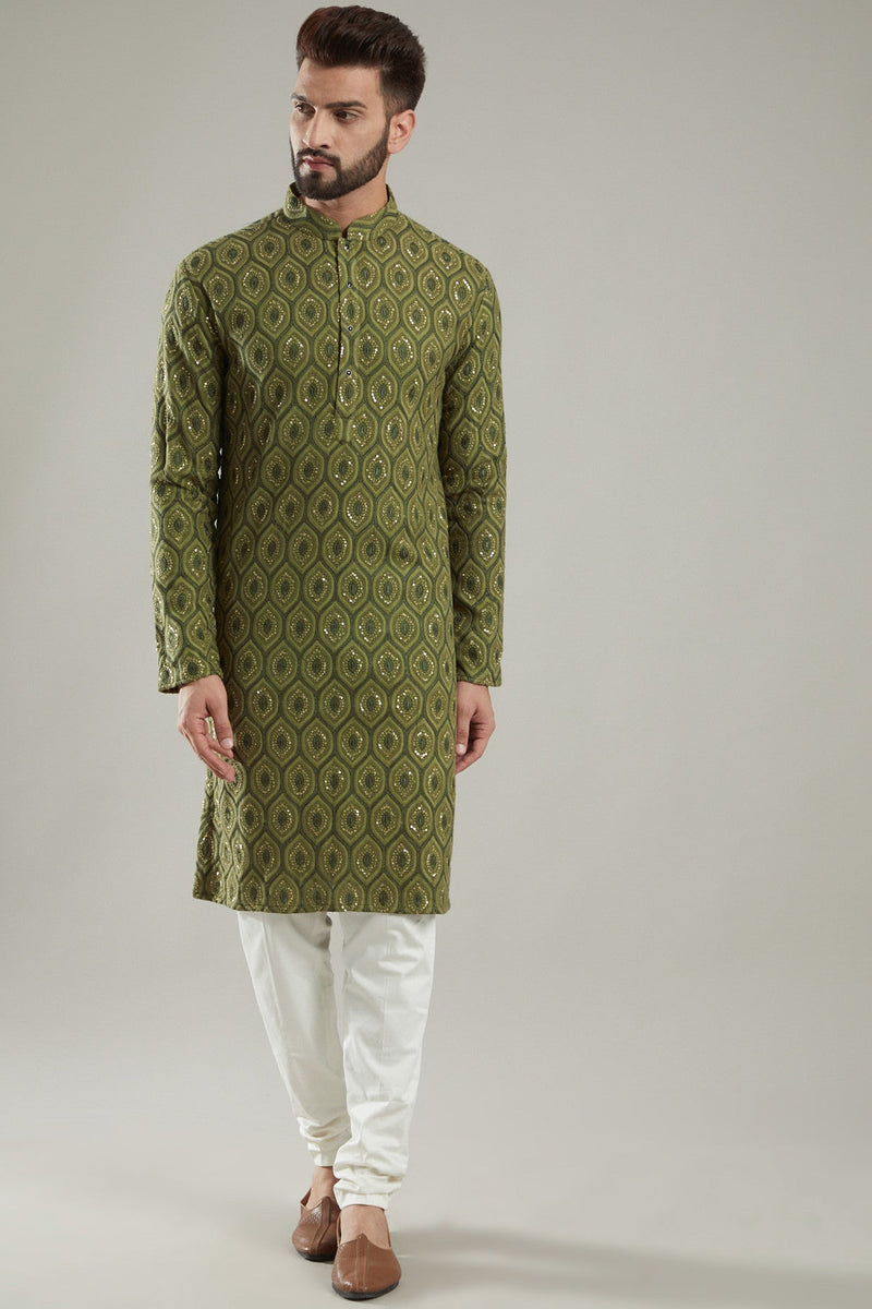 Mehendi Green Silk Embroidered Kurta - kasbahmen