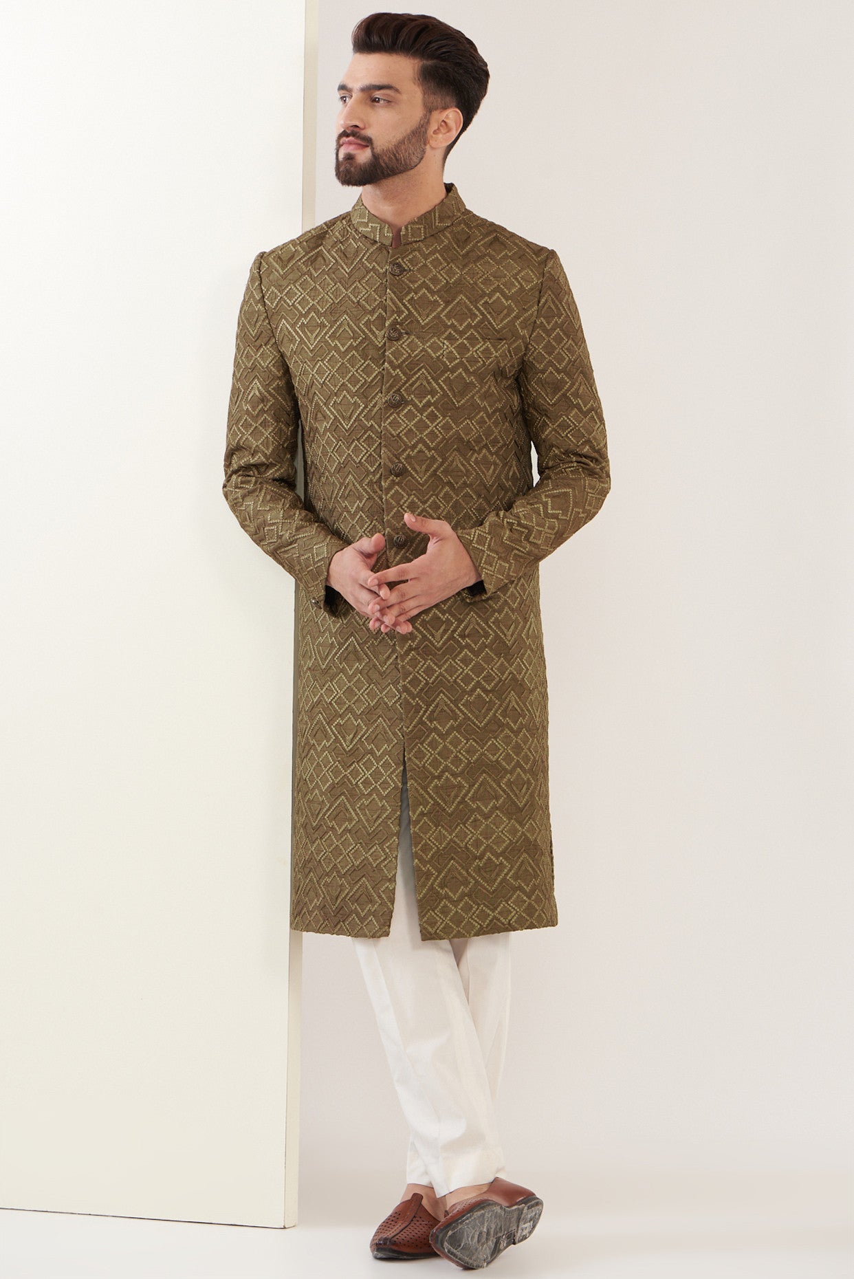 Dust beige thread work sherwani - kasbahmen