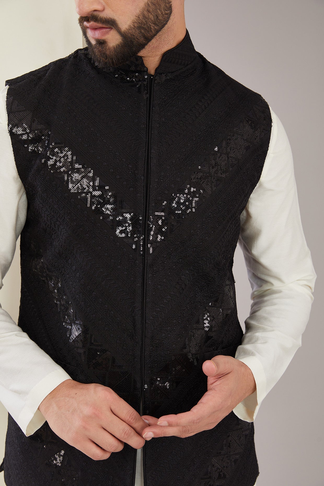 Formal Black Sequined Nehru Jacket - kasbahmen