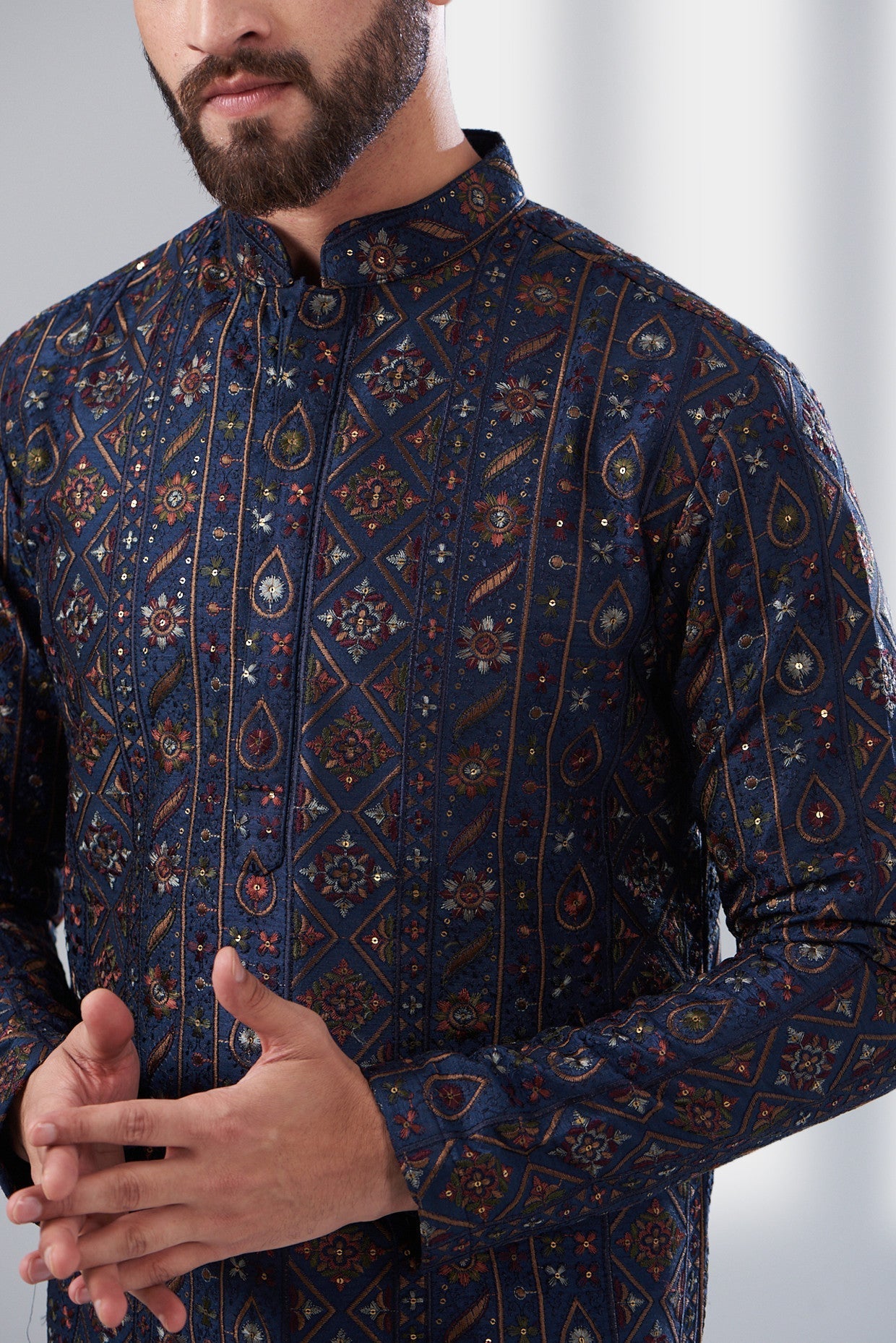 Navy blue multi thread work kurta - kasbahmen