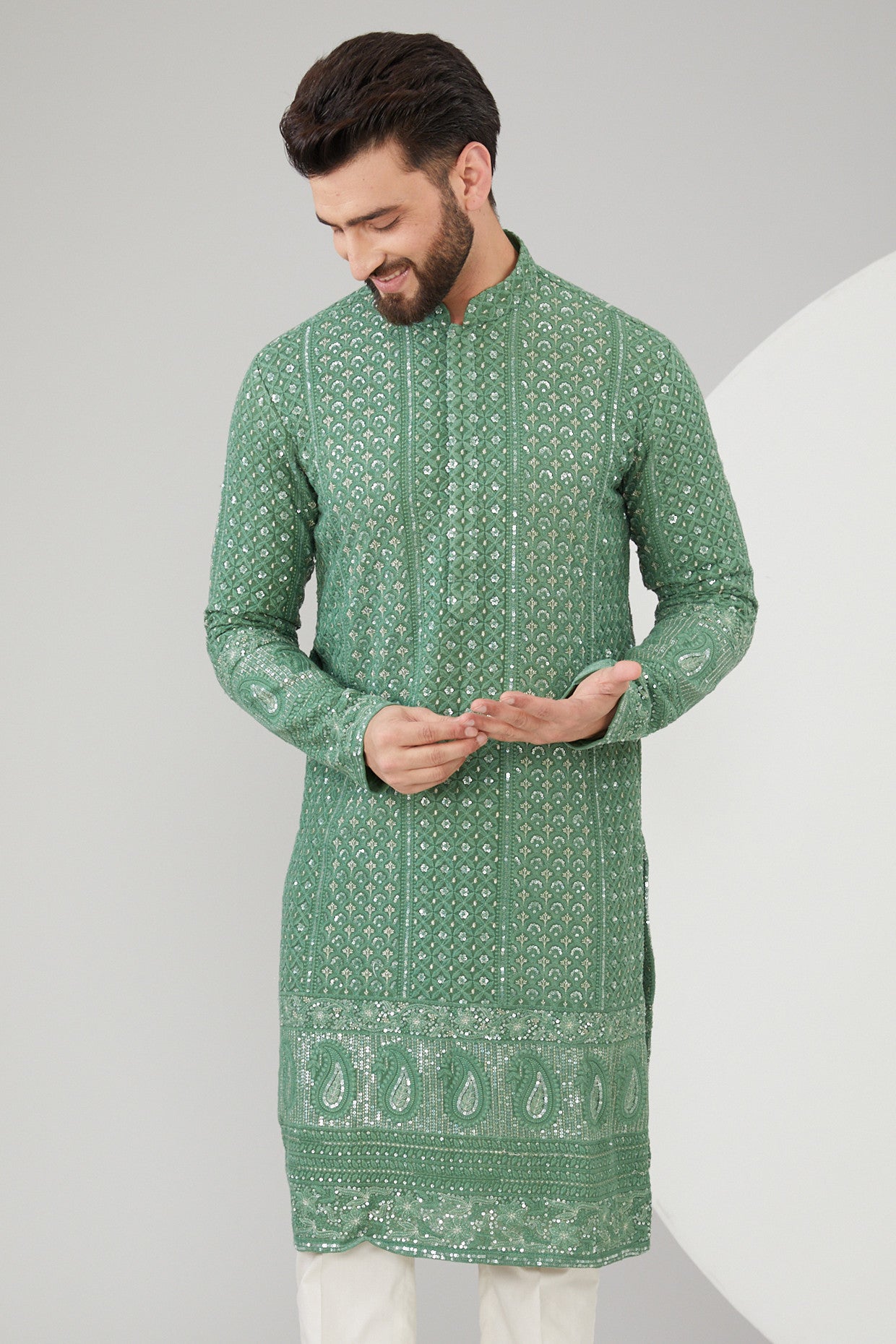 English Mint Green Georgette Thread Embroidered Chikankari Kurta - kasbahmen