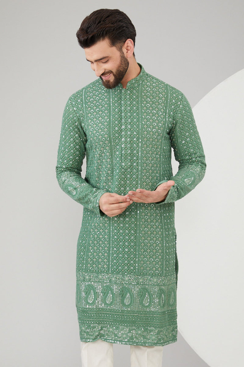 English Mint Green Georgette Thread Embroidered Chikankari Kurta