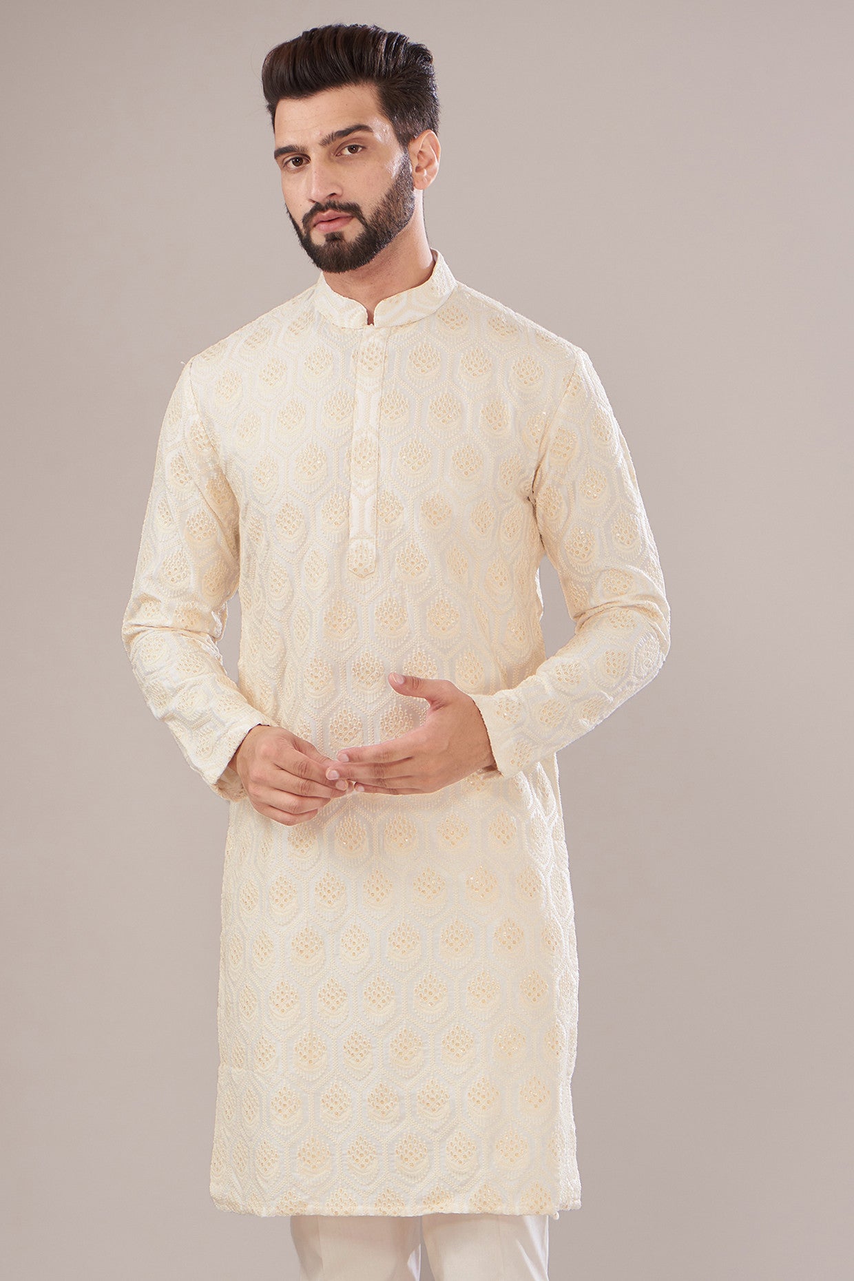 White Silk Embroidered Kurta - kasbahmen