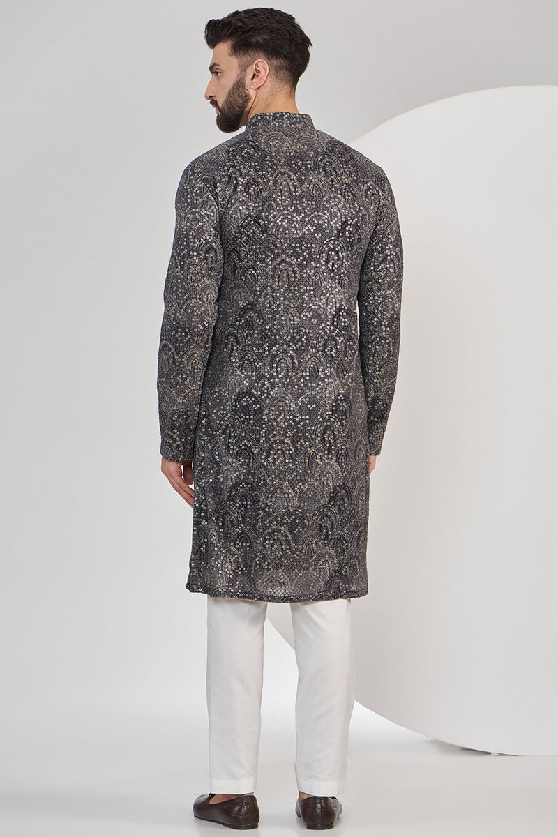 Black and grey embrodried kurta on print with sequin - kasbahmen