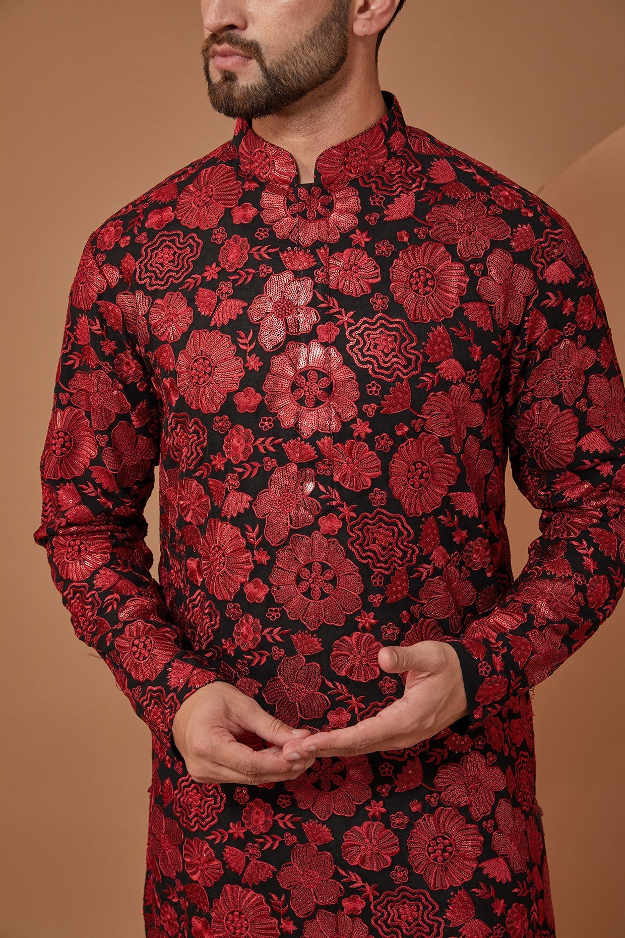 Red and Black Floral Embroidered Kurta - kasbahmen