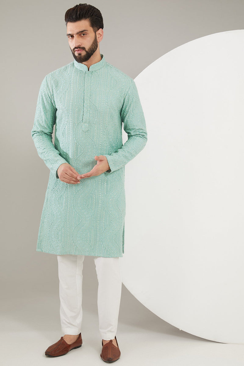 Aqua Blue Chikankari Kurta - kasbahmen