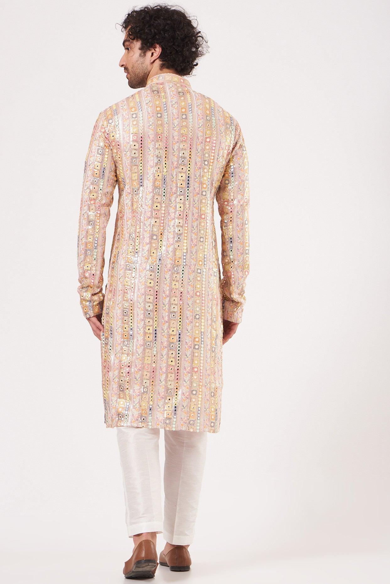 Blush Pink Mirror Embroidered Kurta - kasbahmen