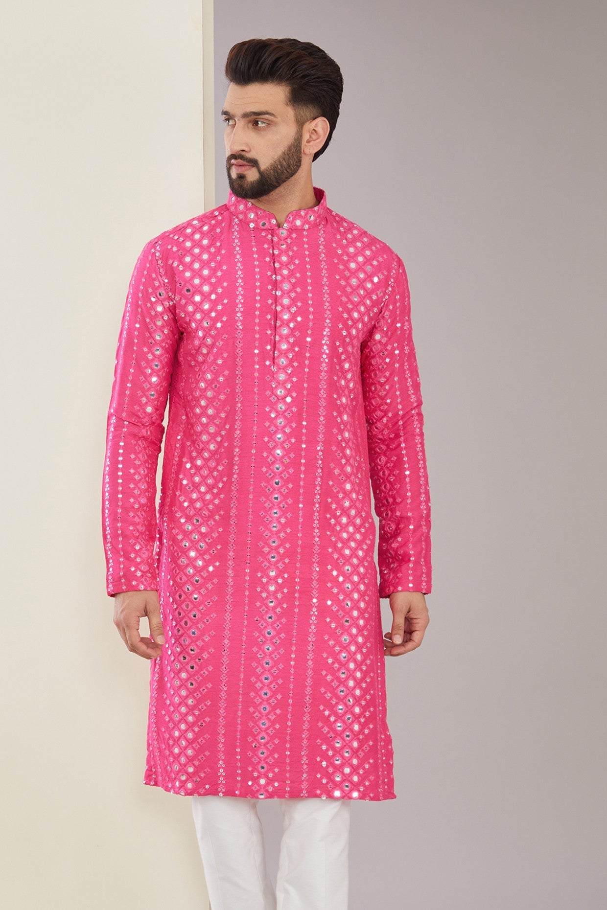 Signature Hot Pink Mirrorwork Kurta - kasbahmen