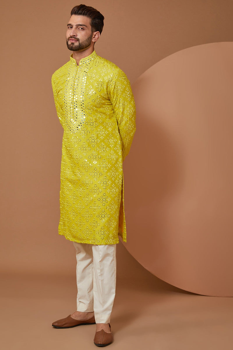 Bright Yellow Handwork/Mirrorwork Kurta - kasbahmen