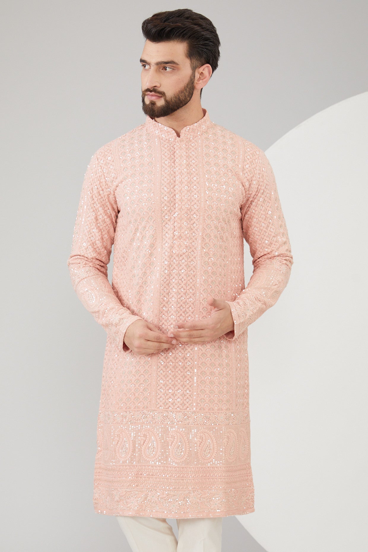 Peach Georgette Thread Embroidered Chikankari Kurta - kasbahmen