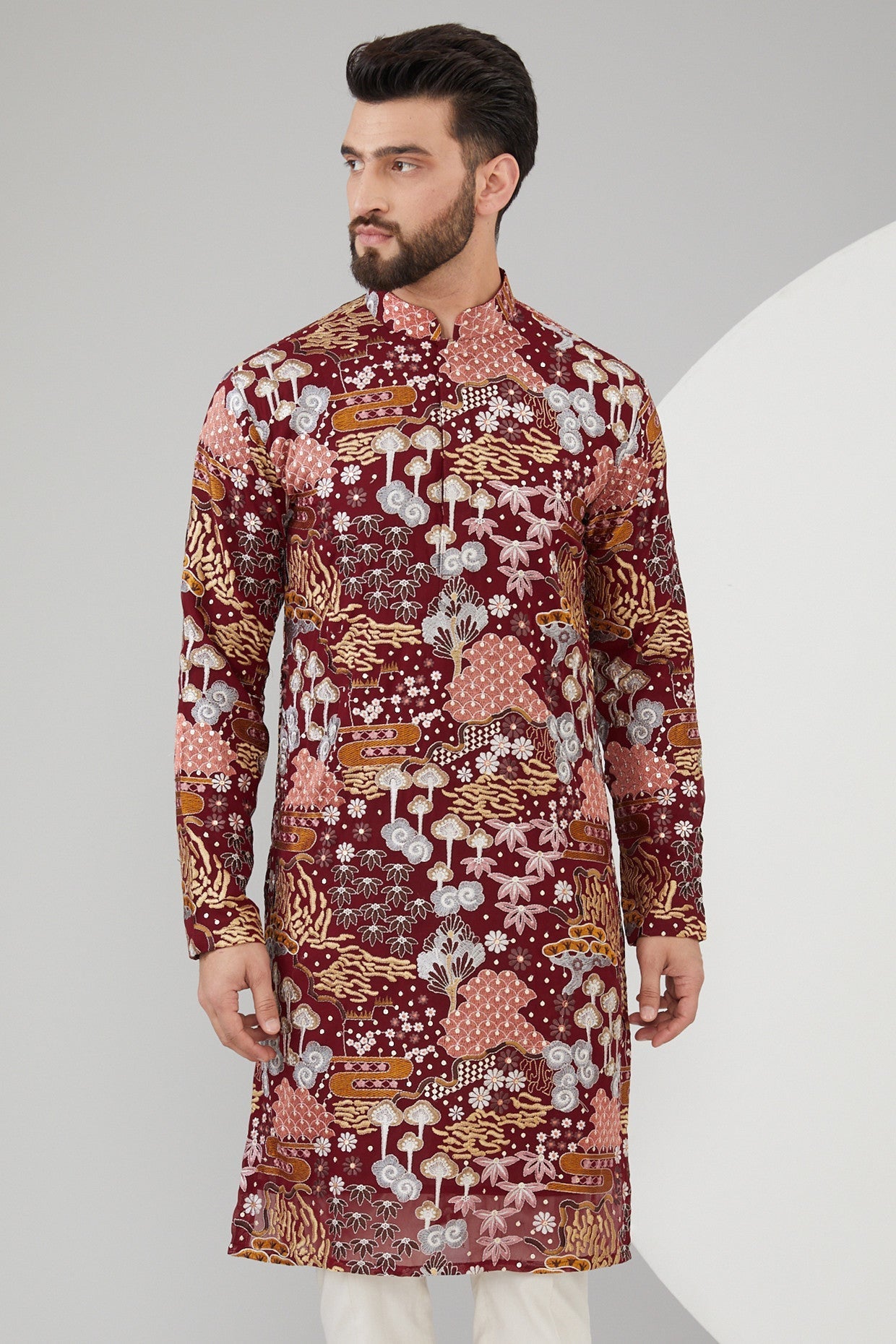 Maroon Georgette Floral Embroidered Kurt - kasbahmen