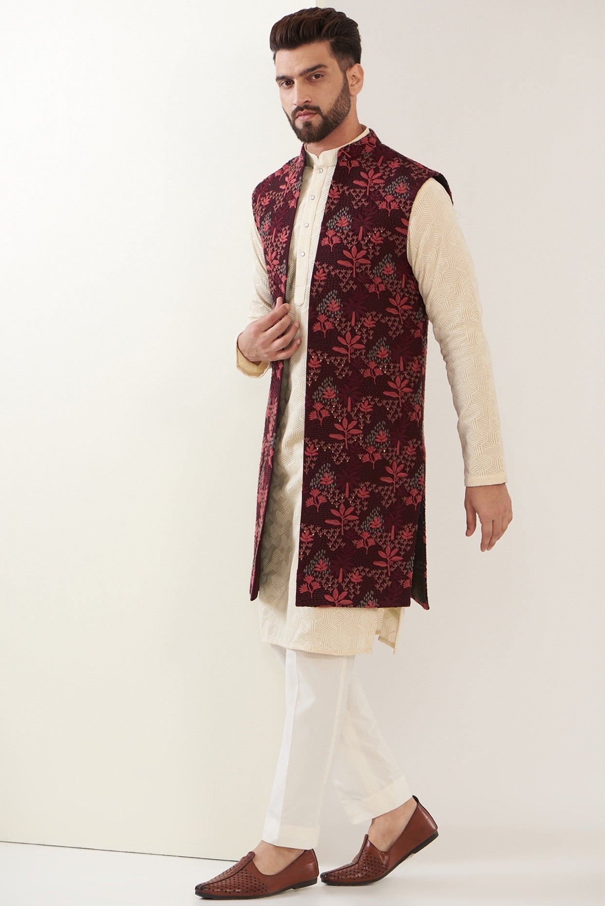 Maroon Embroidred Long Jacket - kasbahmen