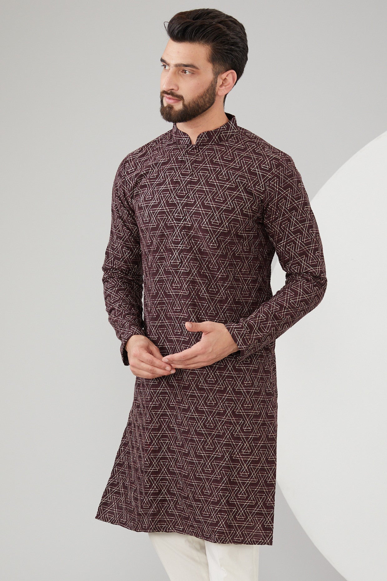 Wine Silk Geometrical Embroidered Kurta - kasbahmen