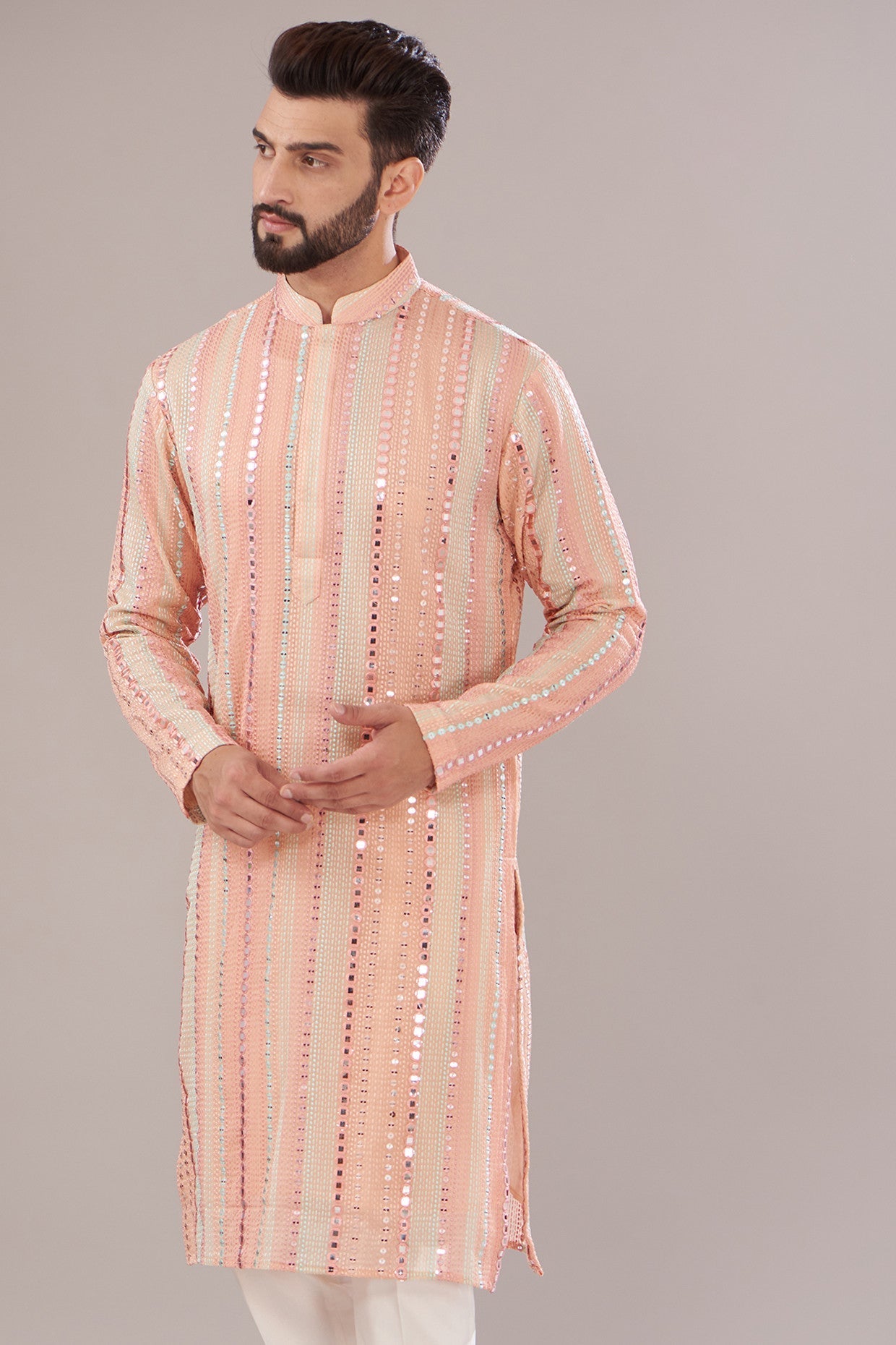 Peach Georgette Embroidered Kurta - kasbahmen