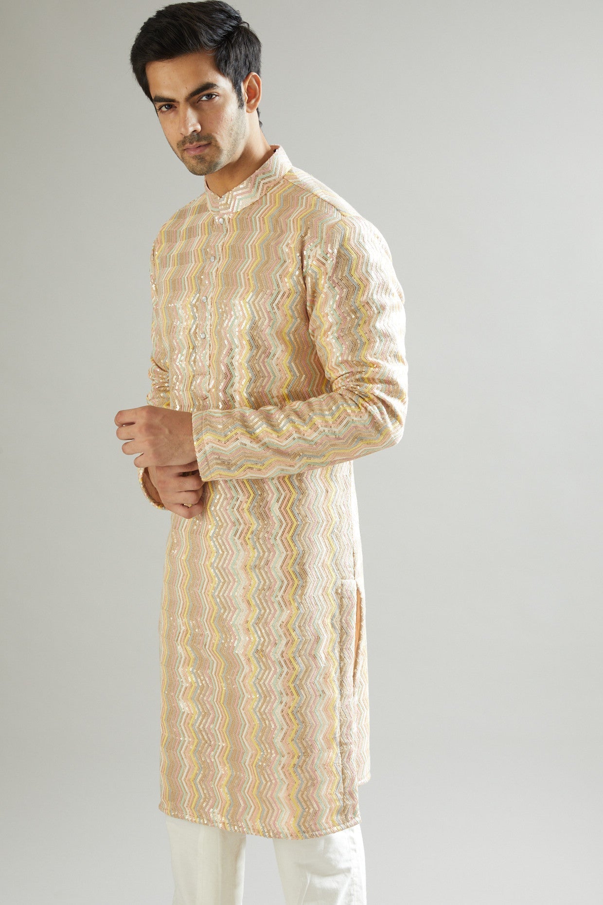 Nude Sequins & Thread Embroidered Kurta - kasbahmen