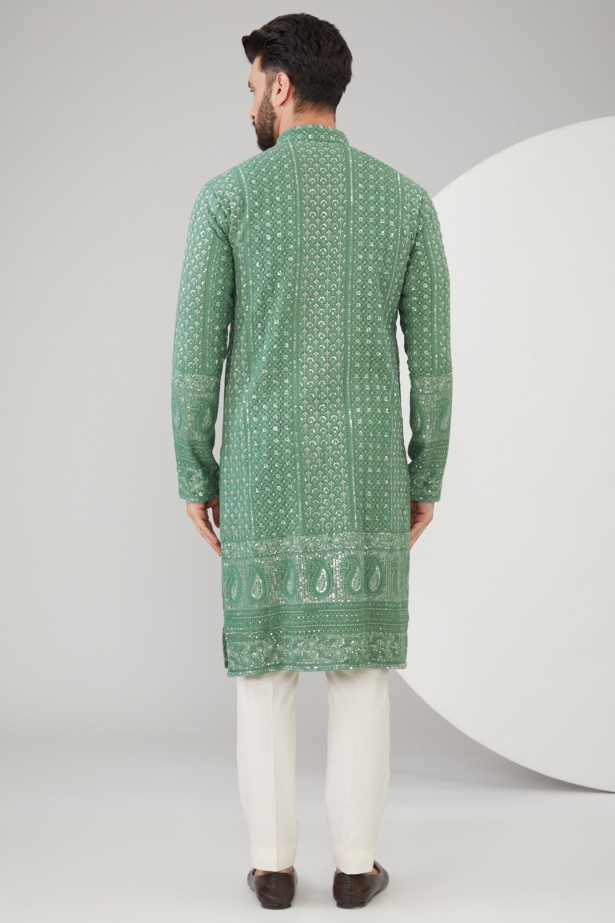 English Mint Green Georgette Thread Embroidered Chikankari Kurta - kasbahmen