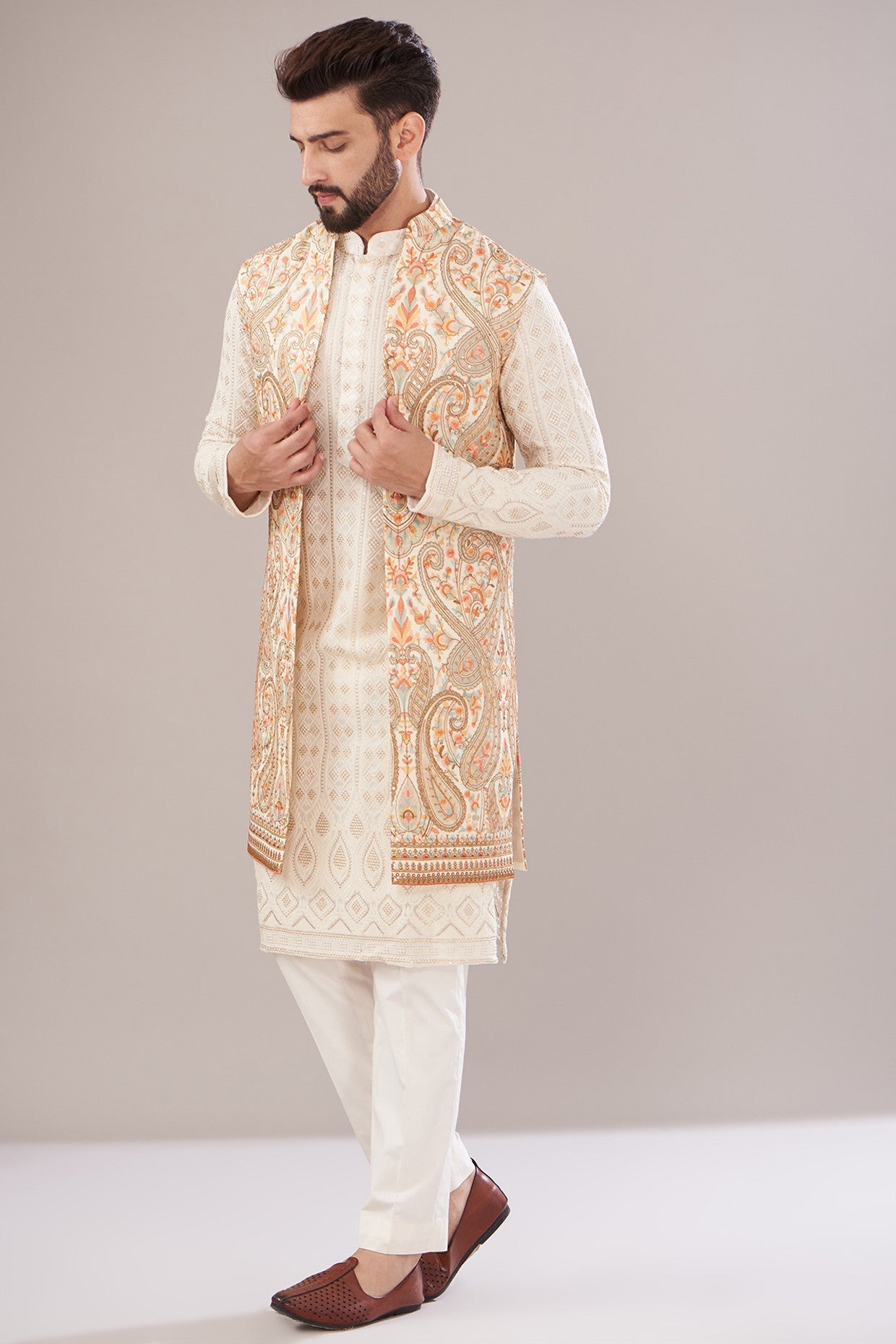 Ivory Georgette Embroidered Indowestern Jacket - kasbahmen