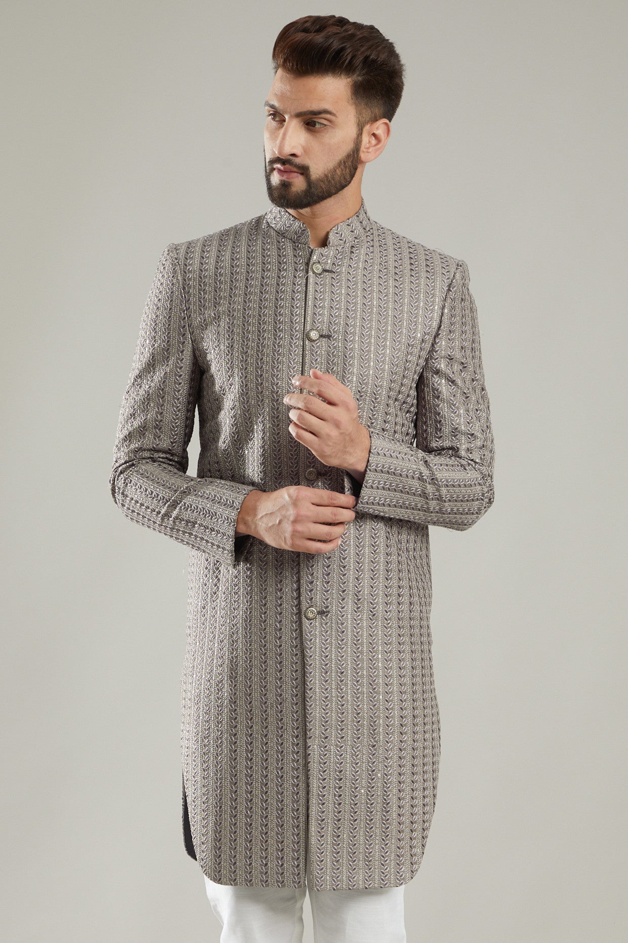 Electric Grey Chanderi Indo Western Jacket - kasbahmen