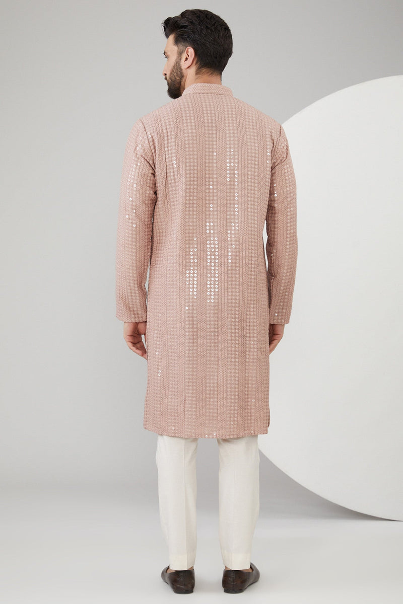 Mud Pink Slub Silk Thread Work Kurta - kasbahmen