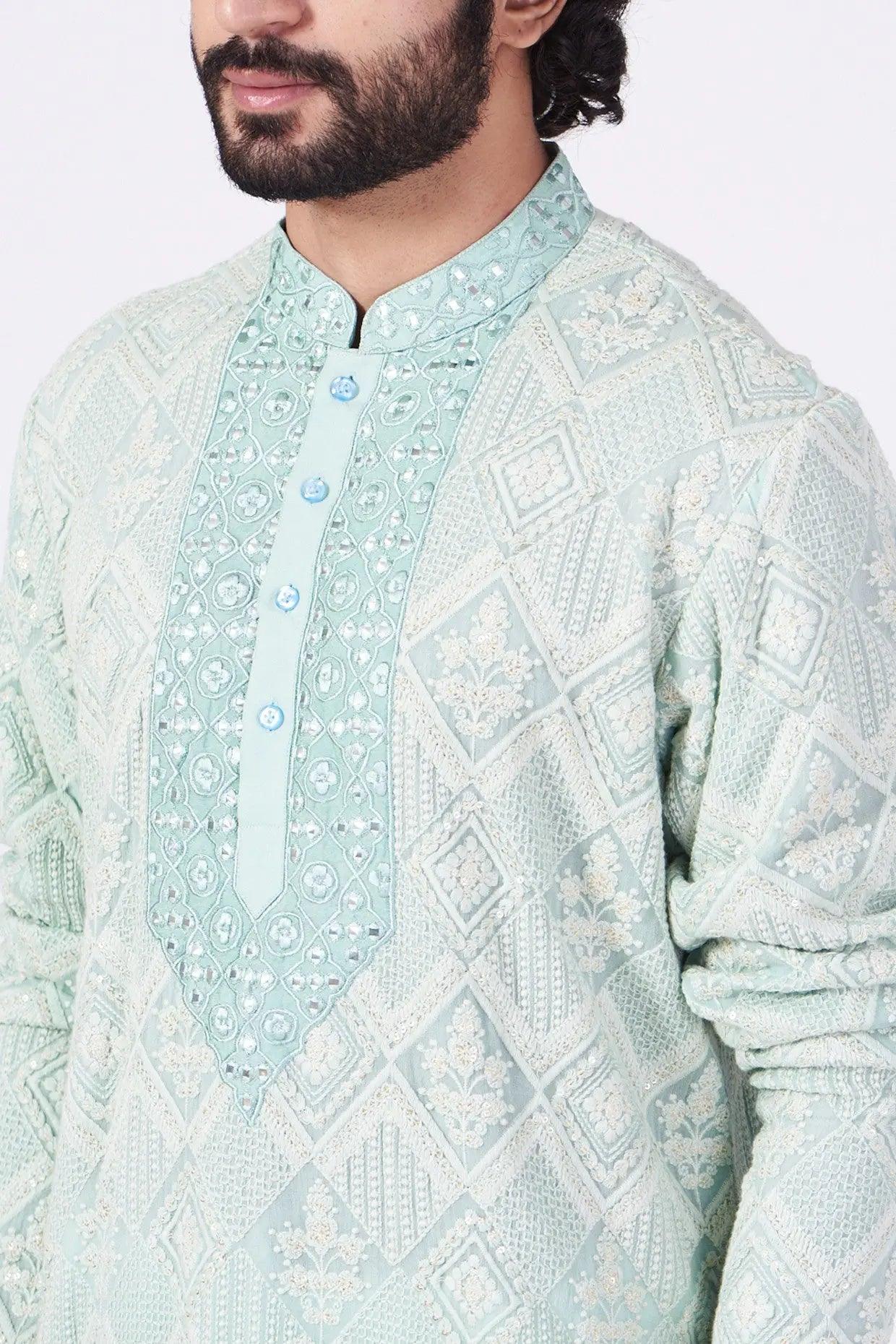 Sky Blue Hand Embroidered Kurta - kasbahmen