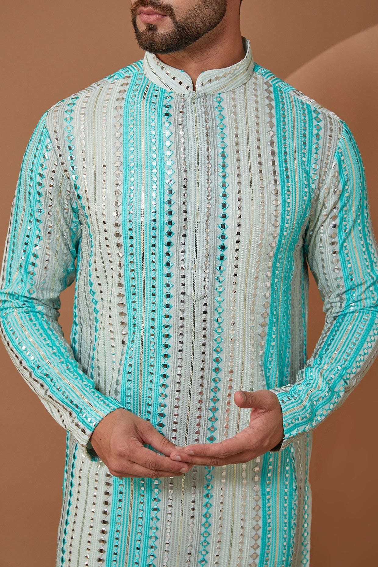 Blue Stripped Mirrorwork Kurta - kasbahmen