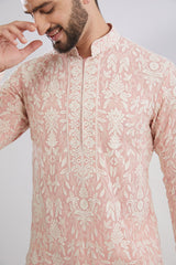 Pink Threadwork Kurta with Intricate Embroidered Neckline - kasbahmen