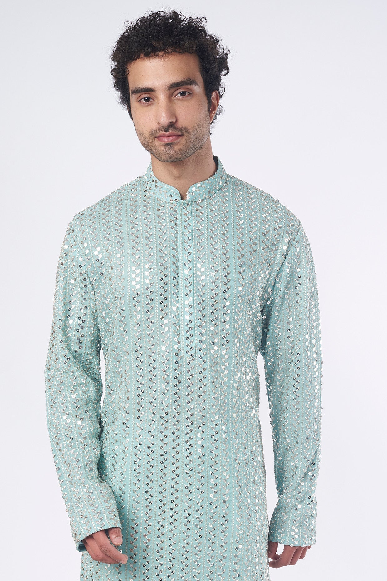 Powder Blue Zari Embroidered Kurta - kasbahmen