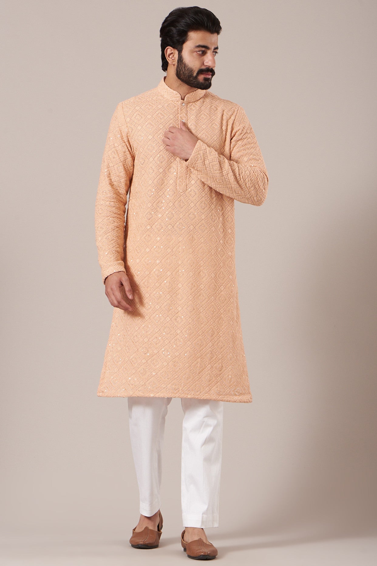 Peach Chikankari Embroidered Kurta - kasbahmen