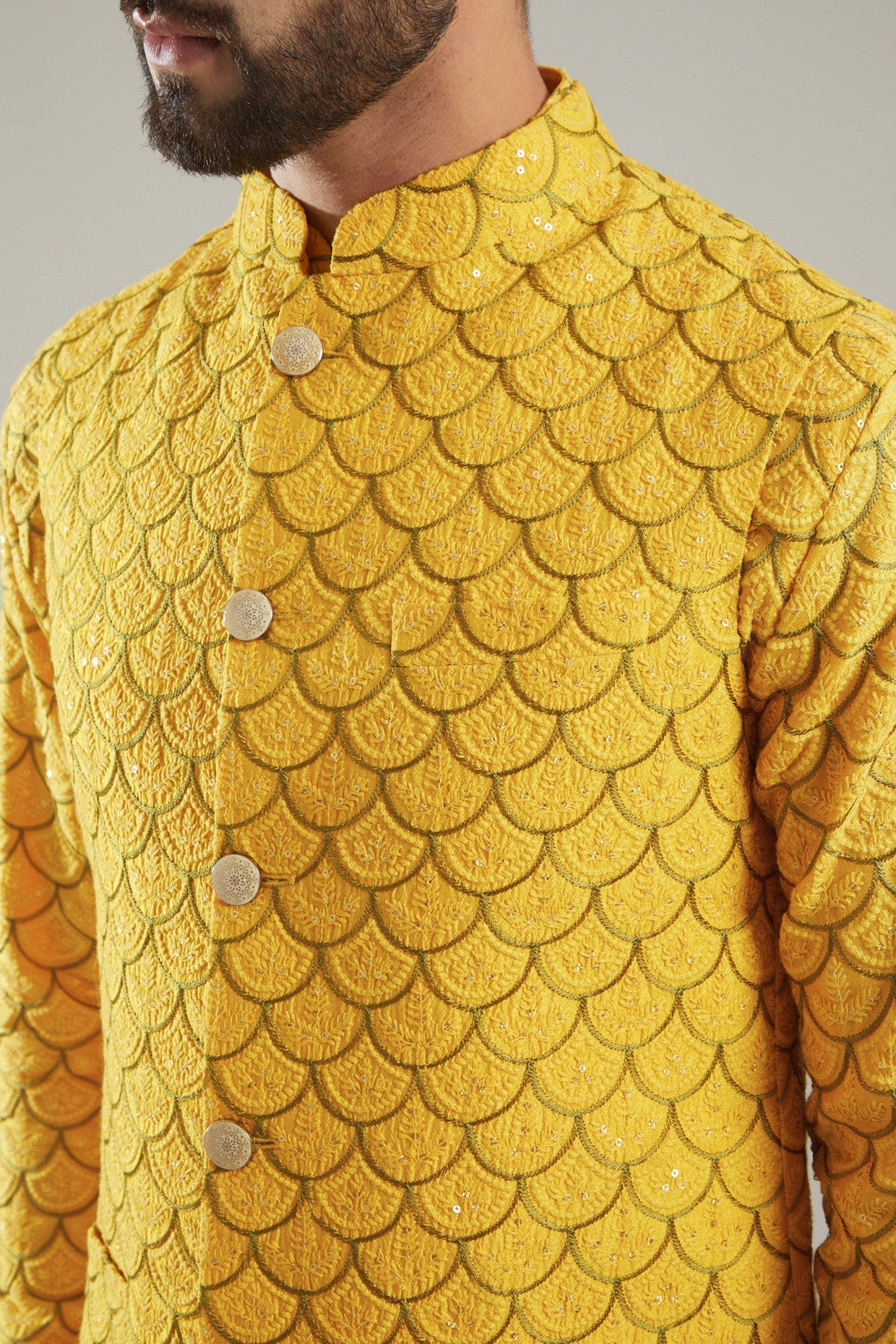 Yellow Silk Embroidered Nehru Jacket With Kurta - kasbahmen