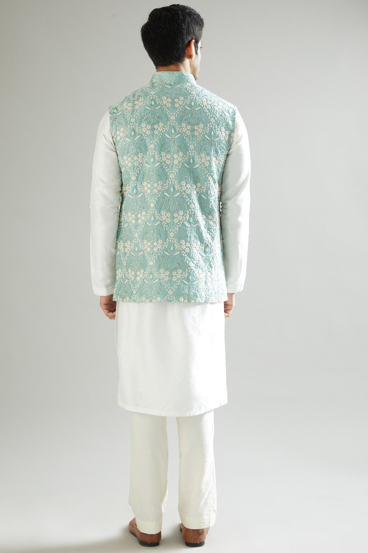 Sea Green Embroidered Nehru Jacket - kasbahmen