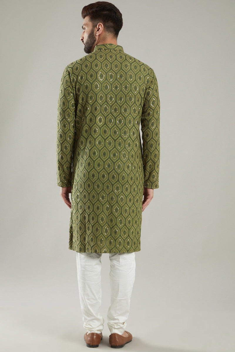 Mehendi Green Silk Embroidered Kurta - kasbahmen