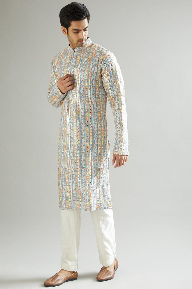 Matt Blue Embroidered Kurta - kasbahmen