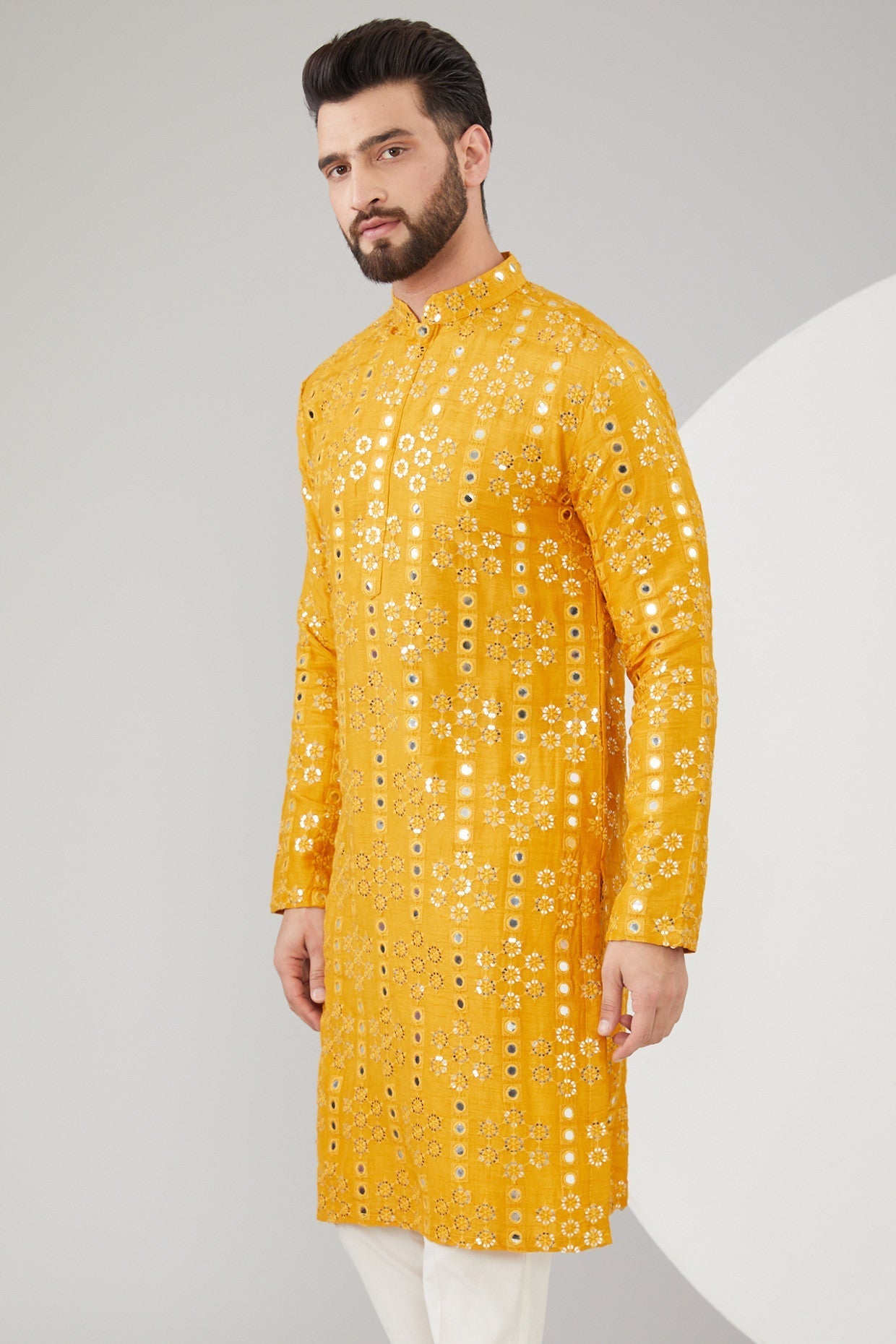 Mustard Silk Mirror Work Kurta - kasbahmen