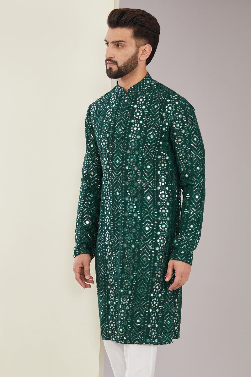 Signature Bottle Green Mirrorwork Kurta - kasbahmen